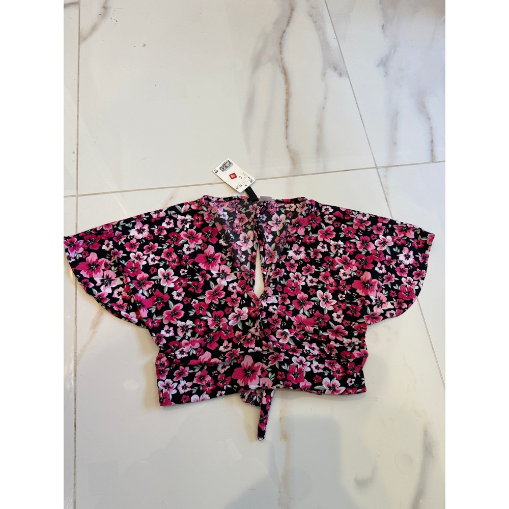 H&M Divided Floral Tie Front Crop Top Pink Black Short Sleeve V-Neck Blouse M